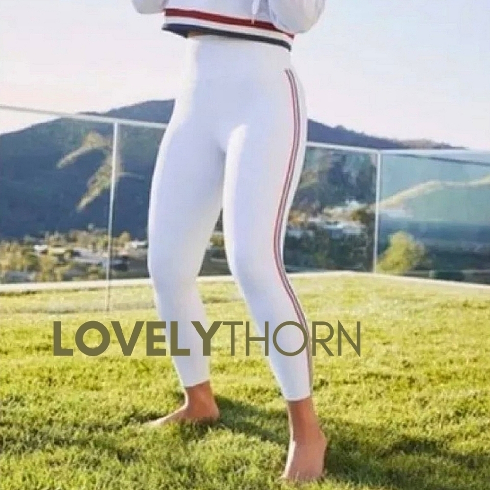 GOOD AMERICAN // white high rise 7/8 leggings red & blue side stripes - Picture 9 of 9